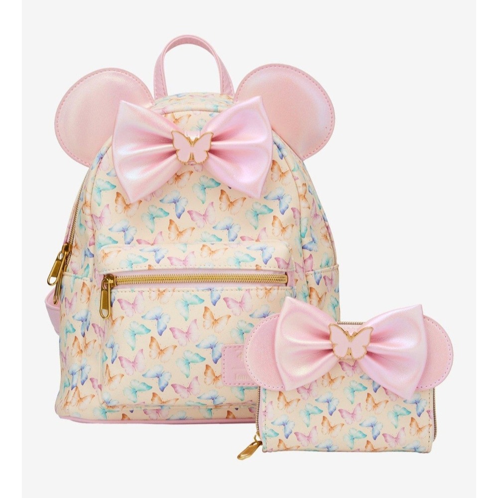Loungefly Disney‎ Minnie Mouse Ears Pink Butterflies All Over Backpack & Wallet!